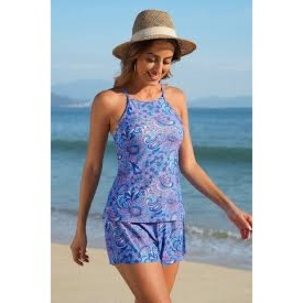 Womens Size Medium Blue Purple Pattern Tankini Swimsuit Set New